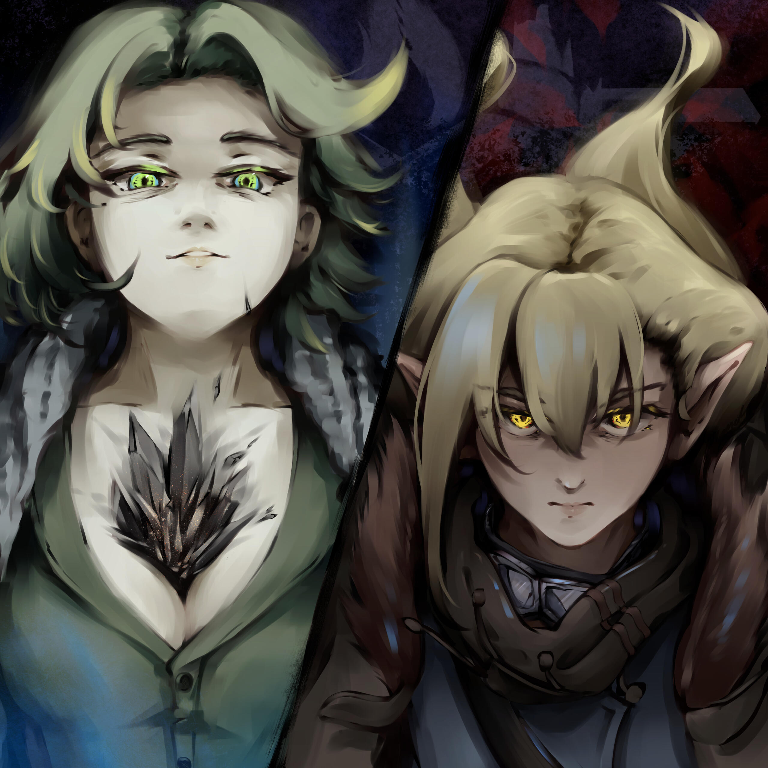 Digital art of (Cr,Fe)₂₃C₆ and ₁₆S from Aasgeist looking at each other in a split view composition. (Cr,Fe)₂₃C₆ looks angry while ₁₆S has a confident and smug smile, with her head high. In the background are the logos of their respective faction they lead.