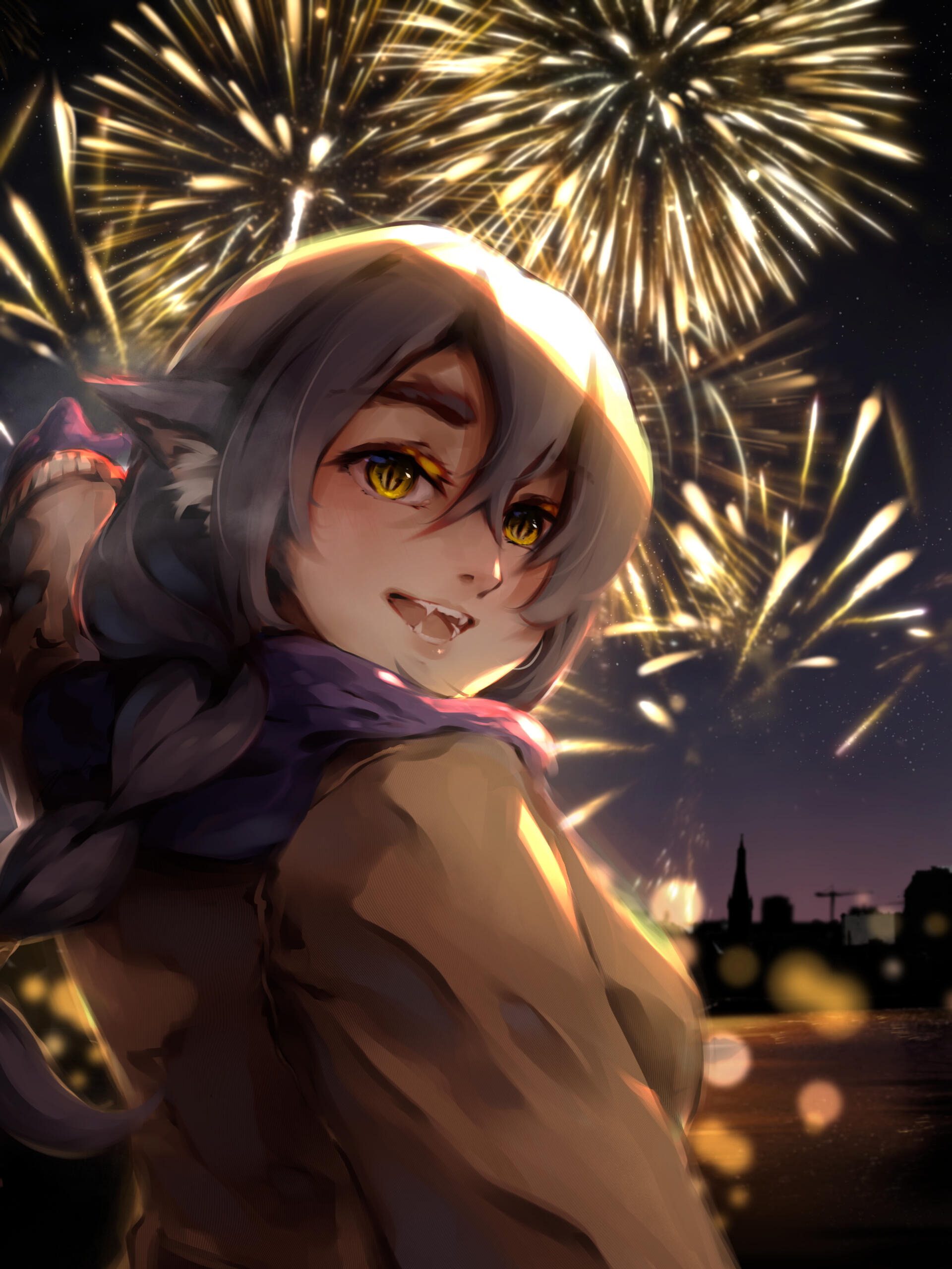 Digital art of Melissa Manda, who is looking at the viewer with a wide, heartwarming smile, as the fireworks in the background she points to give her a glowing outline; Separating her from night sky. This artwork is in celebration of 2024's new year.