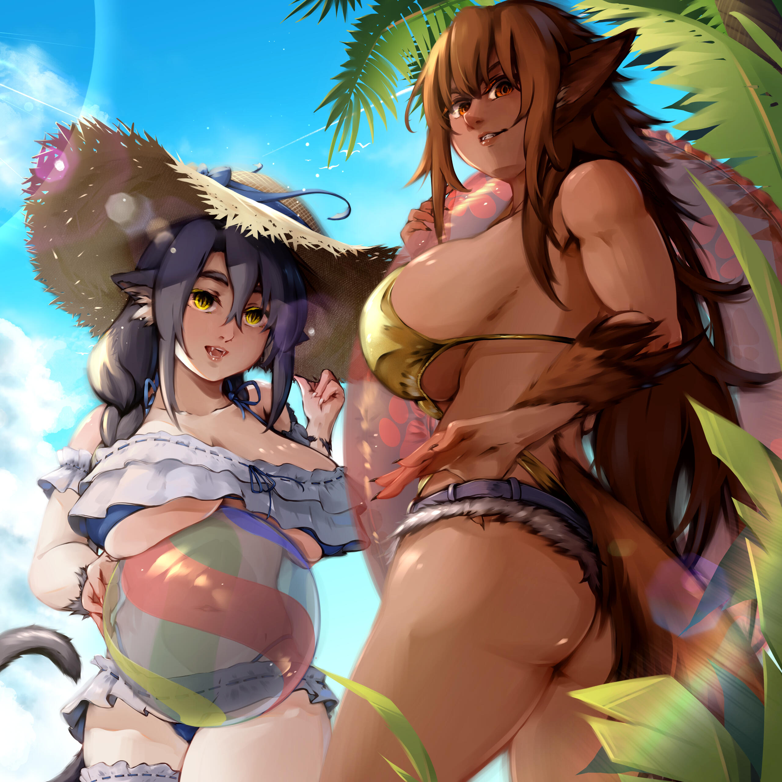 Digital art of Melissa & Larissa Manda at the beach. Melissa is wearing a ribbon-trimmed white/blue bikini and a large straw hat, while Larissa is wearing a golden bikini with micro shorts jeans. Both are looking at the viewer smiling.