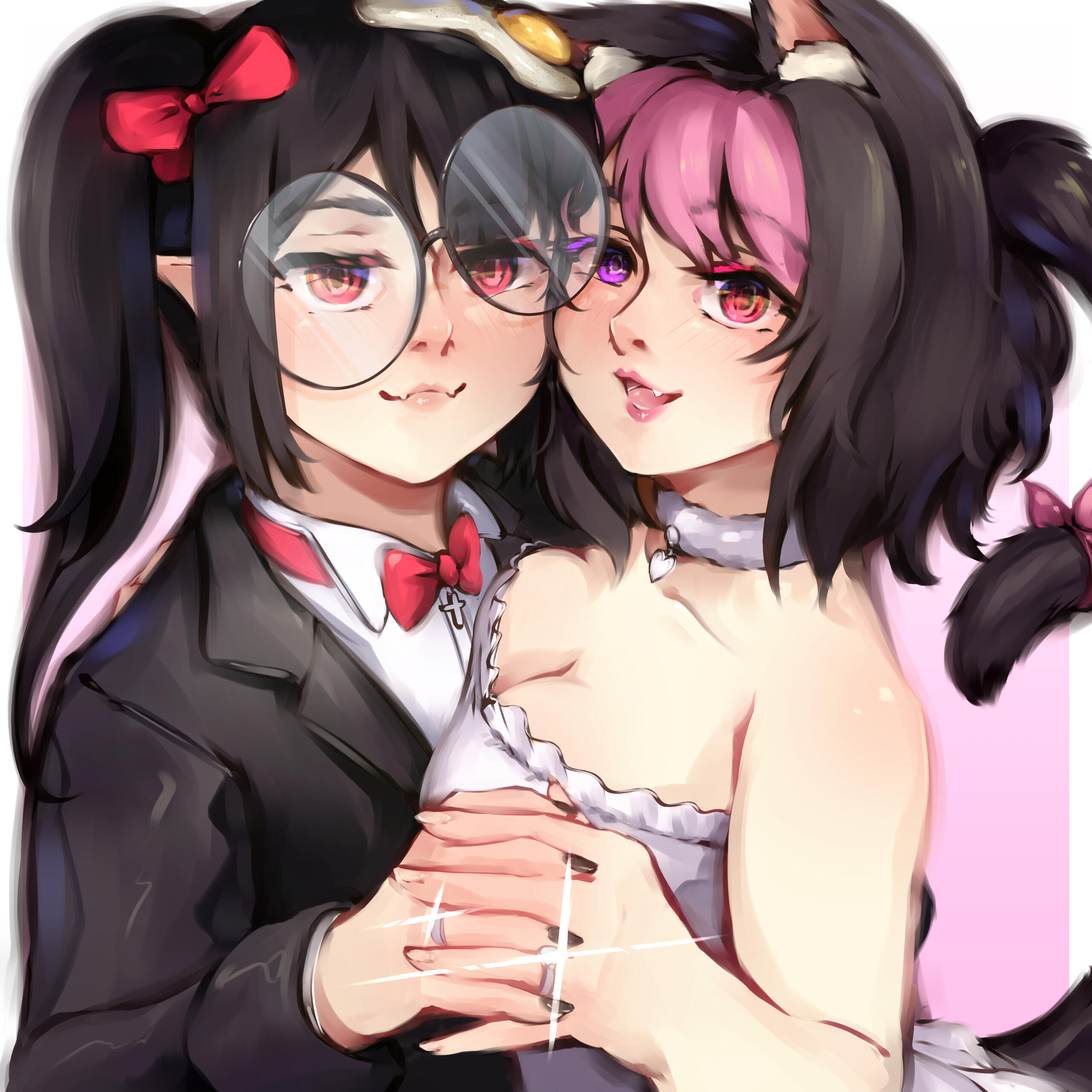 Digital fanart of RevSaysDesu & Darlingstrawbie, in their wedding clothes and hugging each other with their fingers interlocked. Both looking at the viewer; Darlingstawbie with a open smile and Rev with a smug smile.