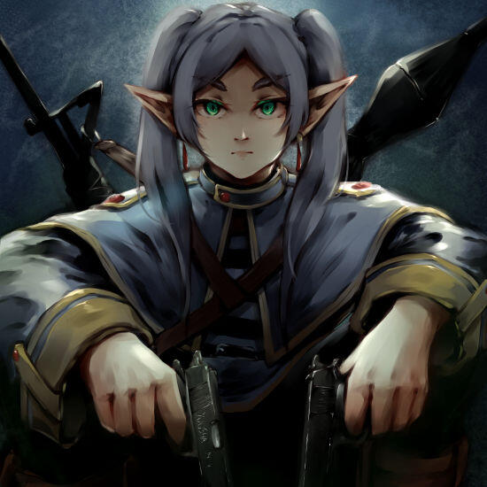 Digital art of Frieren from 'Sousou no Frieren'. The art is a parody and a crossover of the anime and Call of Duty: Black Ops, with Frieren being in the same sitting position with pistols in hand as Alex Mason, as seen on the cover art of Black Ops.