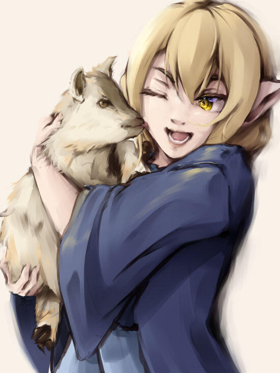 Digital art of Asier from Adoris' Theory, while carrying a goat that licks her cheek. Asier looks happy.