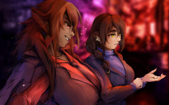 Digital art of Larissa & Melissa Manda in black suits, with Larissa wearing a red shirt and tie, and Melissa wearing a blue sweater underneath.