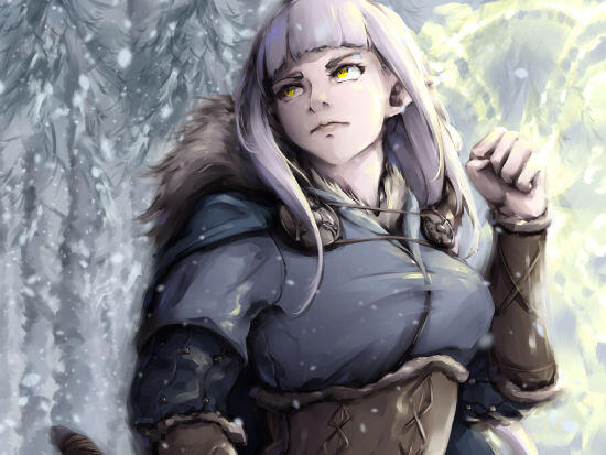 Digital art of Fer from Adoris' Theory surrounded by a frozen forest and activating her shield made out of light, as if she were getting ready for a fight.