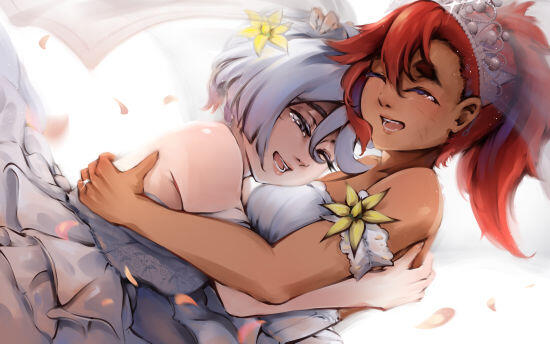 Digital fanart of Miorine & Suletta from the series Witch from Mercury. They are both in wedding dresses while hugging each other.