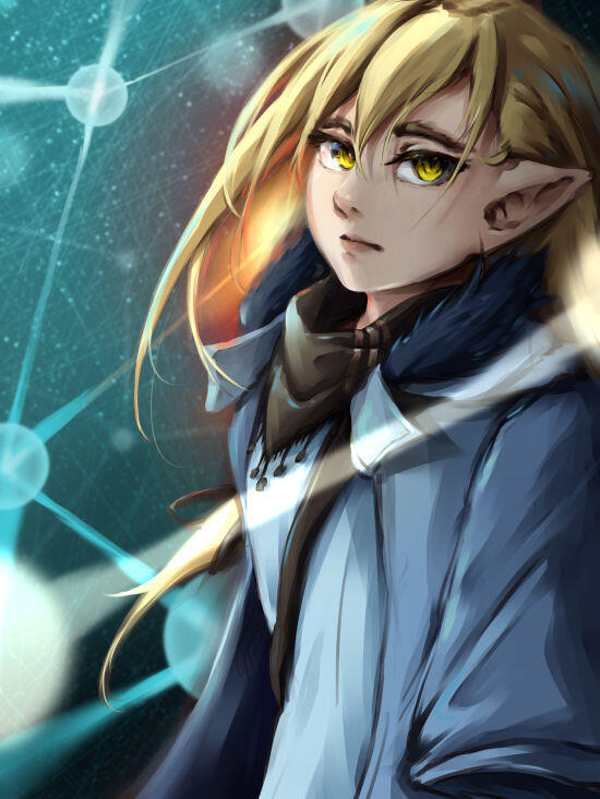 Digital art of Fe₃C from Aasgeist surrounded by lines and dots, making out a large, connected network. She is looking disinterested at the viewer while a bright red ball is burning right behind her.