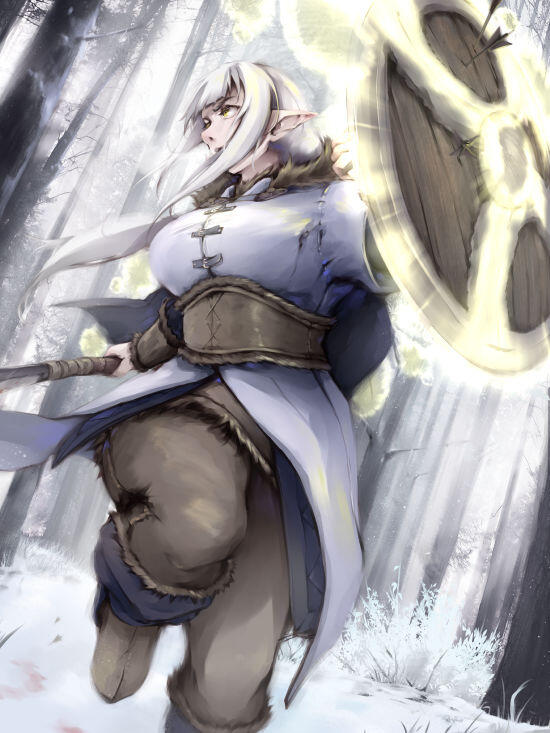 Digital art of Fer from Adoris' Theory, as she's in a fighting stance surrounded by a snowy forest. She is holding up her shield with one hand and her sword in the other.