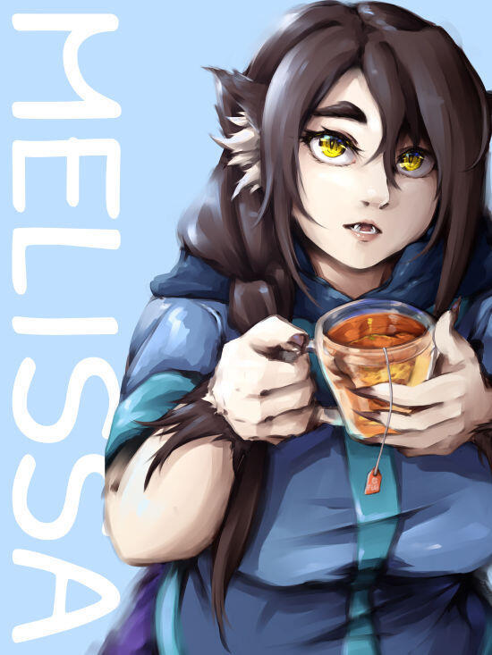 Character artwork of Melissa Manda, an OC of mine. A girl with animal features, sharp teeth, cat ears and tail, like a werecat. But otherwise still very much human looking. Her name is writen onto the blue background.