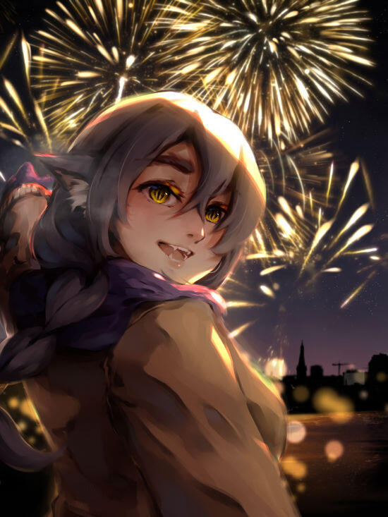 Digital art of Melissa Manda, who is looking at the viewer with a wide, heartwarming smile, as the fireworks in the background she points to give her a glowing outline; Separating her from night sky. This artwork is in celebration of 2024's new year.