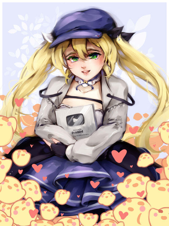Digital fanart of indie Vtuber 'Dokibird', holding a silber Youtube Playbutton award for reaching 100.000 subscribers. She is surrounded by 'Birk knights', little chicks that are a representation of her community.