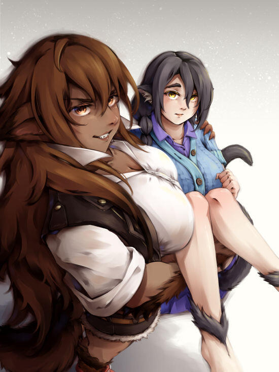 Digital art of Larissa & Melissa Manda, with Larissa carrying Melissa in a princess carry position.