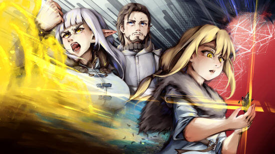 An artwork of all three protagonists of Adoris' Theory together with an abstract background. Fer is screaming and holding her light shield, Cole is looking in the same direction as Fer, thoughtfully. Asier is looking at a piece of initium, fascinated.