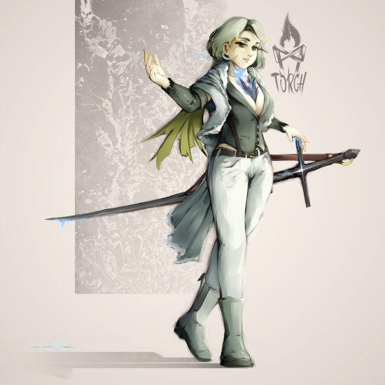 A full body image of my OC ₁₆S from Aasgeist. She's walking forward, looking at the viewer with her right hand raised, showing the palm of her hand.