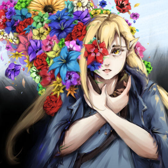 Digital art of Fe₃C from Aasgeist with many colorful flowers growing out of her right face and shoulder. Her hands are in front of her neck, as if she were about to strangle herself.