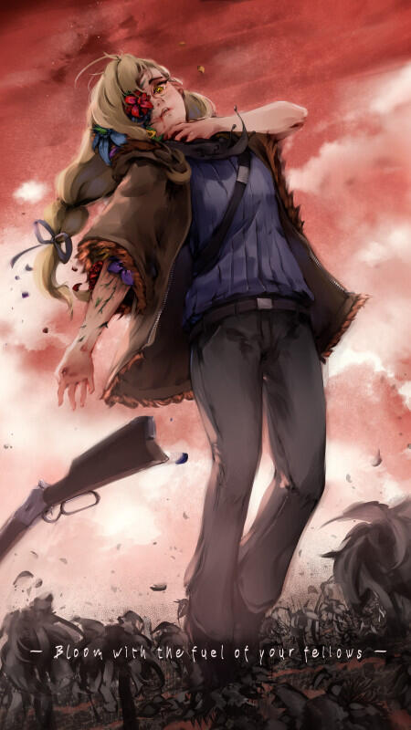 Digital art of a girl, standing on a field of dead and withered flowers under a red sky while flowers grow on her body.