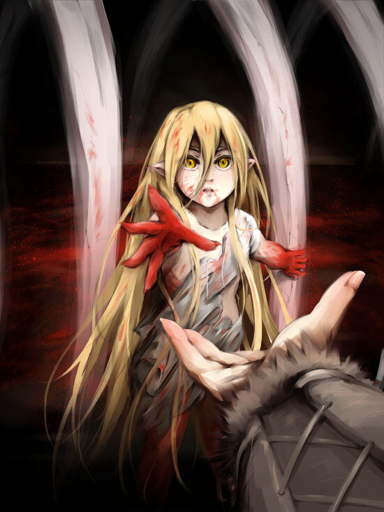 Digital art of Asier from Adoris' Theory portraying a past event of her life in the point-of-view of Fer. Her hair is way longer, messier, her clothes ripped and she is covered in blood. She walks out of a gigantic rip cage extending her hand to Fer.
