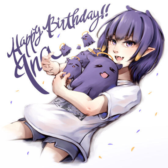 Digital fanart of Ninomae Ina'nis, a Vtuber from Hololive. She is hugging a bunch of Takodachis, that represent members of her community. This artwork is in celebration of her birthday.