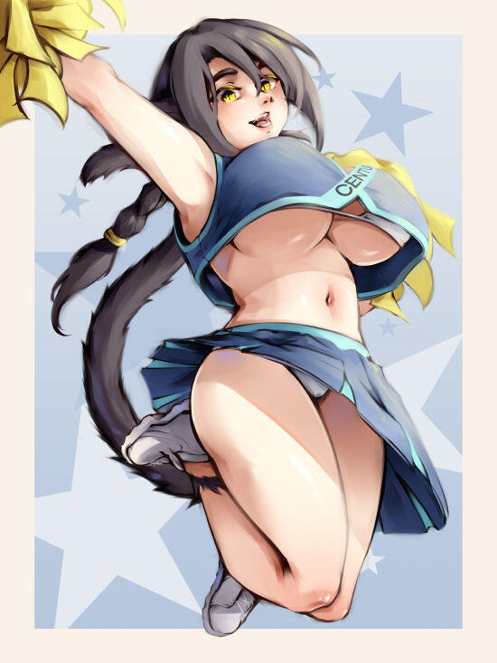 Digital art of Melissa Manda in a cheerleader outfit and with pom poms. She is jumping up.